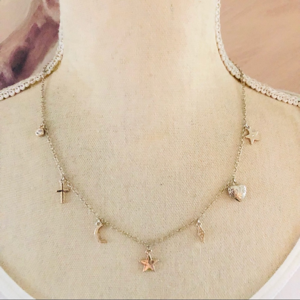 Gold plated moon star locket charm chain link necklace